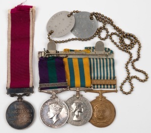 A BRITISH MEDAL GROUP: KING GEORGE VI General Service Medal with clasp for MALAYA; QUEEN ELIZABETH II Korea Medal and the United Nations Korea Medal with clasp; the first two engraved to #22229270 Private W.D. Carter D.L.I. all on a bar and accompanied by