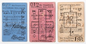 VICTORIAN RAILWAYS: Early tickets, comprising of March 1888 Melbourne and Williamstown First Class Monthly; December 1890 Kew and Prince's Bridge Second Class Monthly; and June 1906 Ascot Vale and Melbourne First Class Monthly. (3)