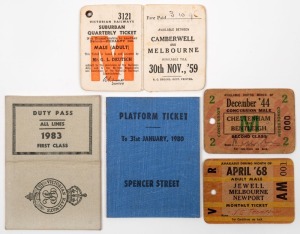 VICTORIAN RAILWAYS - PERIODICAL TICKETS: Dec.1944 Cheltenham - Bentleigh&nbsp;Concession Male; April 1968 Jewell - Melbourne - Newport Adult Male Monthly; Nov.1959 Camberwell - Melbourne Adult Male Monthly; Jan.1980 Yearly Platform Ticket Spencer Street; and, 