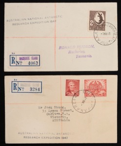 The establishment of a permanent ANARE Research Station on Macquarie Island in December 1947: Two registered envelopes carried on the first outward mail from the Island, posted on 7th March 1948; with ANARE MACQUARIE IS handstamps, registration labels and