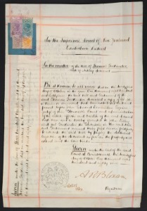 The Last Will & Testament of Thomas Falkinder of Ashley Swamp in the Province of Canterbury, New Zealand, who died in September 1889. An impressive vellum document with multiple duty stamps affixed, a hand-drawn map of Falkinder's property and duly signed