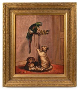 (after) SIR EDWIN LANDSEER (1803-1873), Islay, Tilco, Macaw and Two Love Birds, 1839, oil on canvas, signed lower right "J. Collins", housed in period gilt frame, ​​​​​​​43 x 35cm, 61 x 53cm overall.