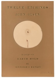 JOHN OLSEN (1928-2023), "Earth Hold" elephant folio cover with hand-painted circular panel, watercolour, limited edition 20/60, published by Port Jackson Pres, circa 1978, 29.5cm diameter, 78 x 53.5cm overall