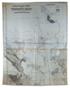 "GEOLOGICAL MAP OF BROADMEADOWS, PRESTON, ESSENDON AND COBURG" by W. Hanks, 1933. Large scale hand-drawn map on linen backed fabric showing streets, creeks and geological areas. Overall 138 x 109cm.