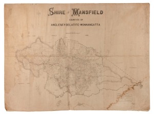"SHIRE OF MANSFIELD. Counties of Anglesey, Delatite and Wonnangatta" large format map by Shillinglaw, 1888. With some manuscript annotations in red ink; three sheets laid down on canvas. Overall 120 x 162cm.