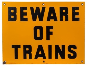 Three train transportation signs: "Beware of Trains", "Do Not Spit in The Car. Penalty &pound;2"and a double sided "Kodak" sign, the largest 61cm wide