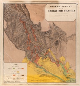 "Geological Sketch Map of the RUSSELL'S CREEK GOLD FIELD", lithograph in colours, Geologically surveyed...By Reginald A.F. Murray, 14th Sept. 1878", image 42.5 x 38.5cm.