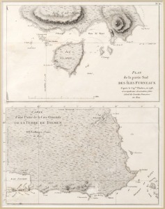 Two sheets from the official report of the Baudin Expedition of 1800 - 1803: Plate No.4 combines "Plan de la partie Sud des Iles Furneaux" with a "Carte d'une Partie de la Cote Orientale de la Terre de Diemen"; Plate No.5 combines four engravings, "Des Il