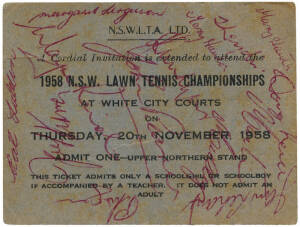 1958 NSW CHAMPIONSHIPS TICKET, with 28 signatures including Ashley Cooper, Earl 'Butch' Buchholz (USA) & Jan Lehane.