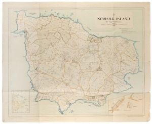 "NORFOLK ISLAND Showing Subdivisions 1934" compiled and drawn by the Property & Survey Branch, Department of the Interior, Canberra 1934; with insets showing the position of Norfolk Island relative to Australia and New Zealand, and, the major residential 
