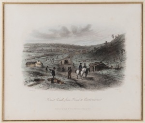 S. T. Gill 'Forest Creek from Road to Castlemaine' c. 1857 hand-coloured lithograph, 42 x 38cm overall, together with S. T. Gill 'Portland from the Bay' c. 1857&nbsp;hand-coloured steel engraving, 35.5 x 30cm overall, plus two others. (4 items)