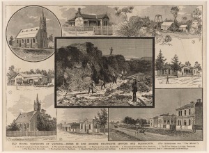 'Old Mining Townships of Victoria' c. 1887 wood engraving, 55 x 46.5cm overall, together with S.T. Gill 'Kyneton looking towards the bridge' c. 1857 hand-coloured steel engraving, 32.5 x 30cm overall, plus one other similar. (3 items)