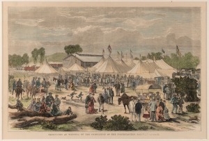 'Festivities at Wodonga on the Completion of the North-Eastern Railway' c. 1873 wood engraving, 57 x 46cm overall, together with 'Views in and around Echuca' c. 1887 wood engraving, 45 x 58cm overall, plus one other. (3 items)