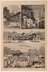 'Views in and Around the Township of Numurkah' c. 1887 wood engraving, 53 x 46cm overall, together with 'Sketches on the Goulburn Valley Railway' c. 1880 wood engraving, 42.5 x 55cm overall, plus one other. (3 items)