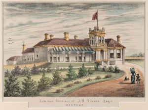 'Suburban Residence of J.B. Davies Esq., Mentone' c. 1887 hand-coloured wood engraving, 42 x 37cm overall, together with 'Sir W.J. Clarke's New Residence, East Melbourne' c. 1887 wood engraving, 42 x 37cm overall, plus two other similar. (4 items)