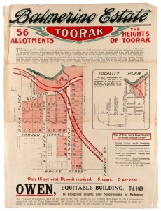 MELBOURNE REAL ESTATE POSTERS & FLYERS: Governor's Park Toorak 1874; Toorak - Eleven Villa Sites 1883; Como Estate Toorak Road 1911; The Towers Estate Toorak 1912; Balmerino Estate 1913; Talbot Estate St. Kilda East 1913; Yar Orrong Toorak 1918;&nbsp;Trawalla 