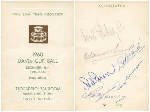 1960 DAVIS CUP: Menu "1960 Davis Cup Ball, Trocadero Ballroom, George Street, Sydney" with 6 signatures on back cover including Neale Fraser, Rod Laver, Roy Emerson and Italy's Nicola Pietrangeli & Orlanda Sirola.