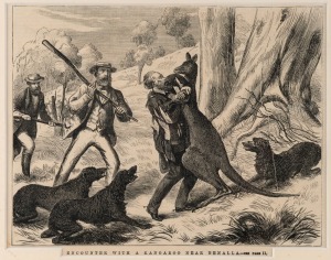L.&nbsp;Buvelot 'Gisborne Hill' c. 1880 wood engraving, 58 x 43.5cm overall, together with 'Encounter with a Kangaroo Near Benalla' c. 1874 wood engraving, 43 x 39cm overall, plus one other similar. (3 items)