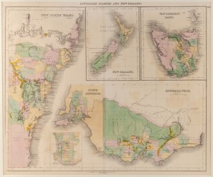 GALL & INGLIS, Australian Colonies and New Zealand, steel engraving, hand coloured, with goldfields highlighted, 1850, overall 50 x 60cm.