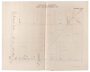 VICTORIAN RAILWAYS survey plans for the KOROIT and WARRNAMBOOL Line (5, 1887); MYRTLEFORD and BRIGHT Line (6, 1888); and ELTHAM to HURST'S BRIDGE Line (3, 1910); very mixed condition. (14 items).