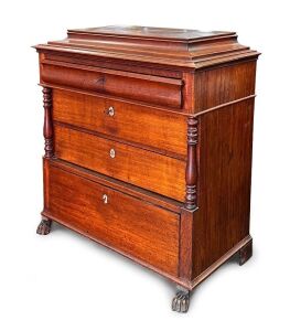 A rare blackwood Biedermeier style chest of four drawers with curvetto moulded caddy top, ogee fronted long drawer with concealed faux fronted secret drawers, fully turned inset columns standing on lion's paw feet, Baltic pine secondary timbers, South Aus