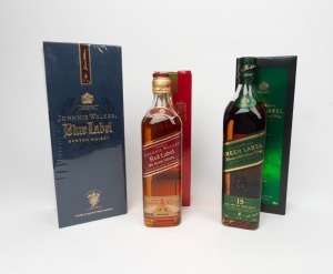 JOHNNIE WALKER Blue Label (750ml), Green Label (700ml) and Red Label (700ml), all in original packaging, (3 bottles)