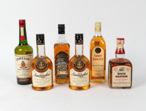 WHISKY: Collection comprising of Old Smuggler (2), The Black Douglas, Jameson, Hankey Bannister and White Heather, (6 bottles)