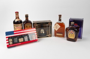 SPIRITS: Drambuie, Lochan Ora Liqueur, Irish Mist Liqueur (boxed set), Labrot & Graham "Woodford Reserve" bourbon, "American Classics" boxed set of six miniature bourbons and Crown Royale Canadian whisky, (6 items)