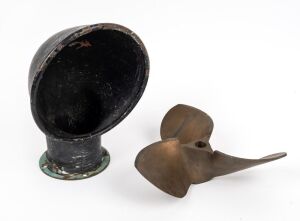 A vintage boat funnel, and a solid brass propeller, 20th century, (2 items), the funnel 30cm high