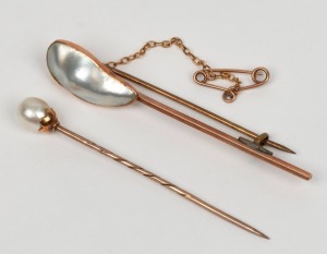 J. LAWRENCE of Melbourne antique 9ct rose gold and pearl brooch, together with a 9ct rose gold and pearl stickpin, 19th/20th century, (2 items), the brooch 6.3cm wide, 6.2 grams total.