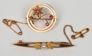 J. LAWRENCE of Melbourne antique 15ct gold and pearl brooch (3.9 grams), together with an ARONSON & Co. of Melbourne circular 9ct rose gold and red stone floral brooch (4.1 grams), 19th/20th century, (2 items), the pearl brooch 5.2cm wide, 8 grams total.