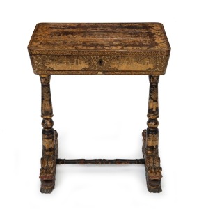 An antique Chinese export ware sewing table, spectacularly adorned with chinoiserie&nbsp;finish, interior fitted with compartments and numerous carved ivory accessories, mid 19th century, 72cm high, 64cm wide, 42cm deep