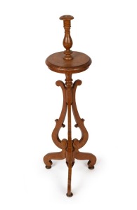 MARK BUTCHER antique Canadian tiger maple candle stand, circa 1840, bearing original paper label "Mark Butcher, Cabinet Maker and Upholsterer, Charlottetown, P.E. Island", 92cm high