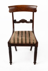 An antique English beech spade back chair with scroll carved back splat, drop in seat and reeded front legs, circa 1845, 86cm high, 44cm wide across the seat