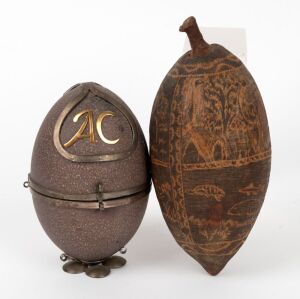 Antique emu egg casket and a carved boab nut, (2&nbsp;items), the boab 19cm high
