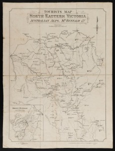 "TOURISTS-MAP NORTH EASTERN VICTORIA, AUSTRALIAN ALPS, MT. BUFFALO &c." lithographic map by W. J. Butson for the Department of Lands and Survey, Melbourne. Laid down on canvas. Overall 53 x 40cm.
