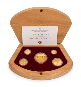 THE AUSTRALIAN NUGGET 2002 PROOF SET OF FIVE COINS featuring the $100 (1oz) "Dry Blowing Prospector", plus $50, $25, $15 and $5 Kangaroos, all attractively presented in the original timber case of issue accompanied by the Certificate of Authenticity which identifies this as Set. No.013 of only 650.,