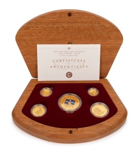 THE AUSTRALIAN NUGGET 2004 PROOF SET OF FIVE COINS featuring the $100 (1oz) "Eureka Stockade", plus $50, $25, $15 and $5 Kangaroos, all attractively presented in the original timber case of issue accompanied by the Certificate of Authenticity which identifies this as Set. No.270 of only 500.