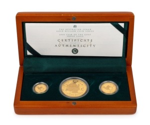 2003 YEAR OF THE GOAT: AUSTRALIAN LUNAR GOLD BULLION COIN PROOF SERIES of three coins, comprising of the $100 (1oz), the $25 and the $15, all depicting a goat; in the original silk-lined timber case of issue and accompanied by a Certificate of Authenticity indicating that this is set No.0059.