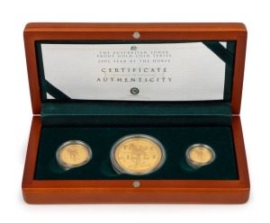 2002 YEAR OF THE HORSE: AUSTRALIAN LUNAR GOLD BULLION COIN PROOF SERIES of three coins, comprising of the $100 (1oz), the $25 and the $15, all depicting a horse; in the original silk-lined timber case of issue and accompanied by a Certificate of Authenticity indicating that this is set No.0045.