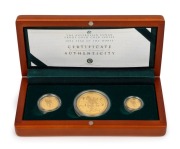 2002 YEAR OF THE HORSE: AUSTRALIAN LUNAR GOLD BULLION COIN PROOF SERIES of three coins, comprising of the $100 (1oz), the $25 and the $15, all depicting a horse; in the original silk-lined timber case of issue and accompanied by a Certificate of Authentic