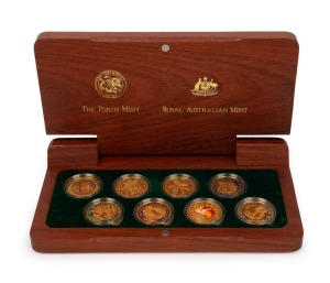 SYDNEY 2000 $100 GOLD PROOF COIN COLLECTION, comprising of eight different designs, presented in the original jarrah timber case, and accompanied by 8 Certificates of Authenticity identifying the coins as set No.04756 together with the original Certificate of Ownership. (8).