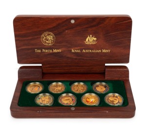 SYDNEY 2000 $100 GOLD PROOF COIN COLLECTION, comprising of eight different designs, presented in the original jarrah timber case, and accompanied by 8 Certificates of Authenticity identifying the coins as set No.06407 together with the original Certificate of Ownership. (8).
