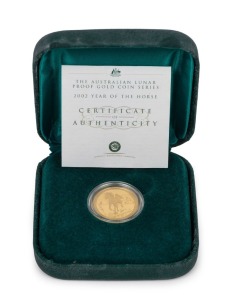 223 · 2002 YEAR OF THE HORSE: AUSTRALIAN LUNAR GOLD BULLION COIN PROOF $25 (1/4oz) in the original silk-lined case of issue and accompanied by a Certificate of Authenticity indicating that this is coin No.0070.