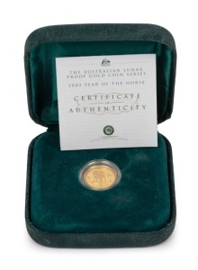 2002 YEAR OF THE HORSE: AUSTRALIAN LUNAR GOLD BULLION COIN PROOF $15 (1/10oz) in the original silk-lined case of issue and accompanied by a Certificate of Authenticity indicating that this is coin No.0120.