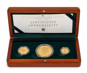 2001 YEAR OF THE SNAKE: AUSTRALIAN LUNAR GOLD BULLION COIN PROOF SERIES of three coins, comprising of the $100 (1oz), the $25 and the $15, all depicting a snake; in the original silk-lined timber case of issue and accompanied by a Certificate of Authenticity indicating that this is set No.0080.