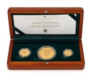2001 YEAR OF THE SNAKE: AUSTRALIAN LUNAR GOLD BULLION COIN PROOF SERIES of three coins, comprising of the $100 (1oz), the $25 and the $15, all depicting a snake; in the original silk-lined timber case of issue and accompanied by a Certificate of Authentic