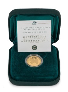 2006 YEAR OF THE DOG: AUSTRALIAN LUNAR GOLD BULLION COIN PROOF $25 (1/4oz) in the original silk-lined case of issue and accompanied by a Certificate of Authenticity indicating that this is coin No.0167.