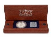 1988 $50 Koala Platinum Proof, No. 5805 of 12,000, in Australian jarrah timber case of issue.