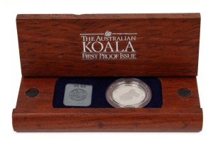 1988 $50 Koala Platinum Proof, No. 5806 of 12,000, in Australian jarrah timber case of issue.